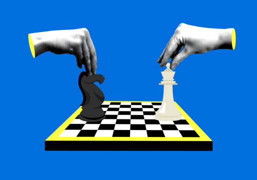 Chess game. Modern collage with chessboard, chess pieces and halftone hands. Concept of strategy, intelligence and leadership