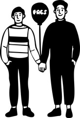 Illustration d'un couple homosexuel hommes se tenant par la main tenant un ballon pour célébrer leur Pacs dessiné à la main