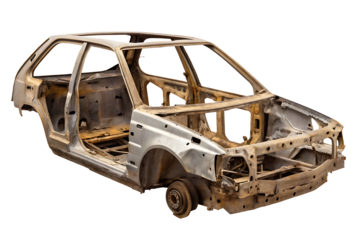  rusty abandoned car frame in a scrap yard isolated on white background PNG. GENERATIVE AI
