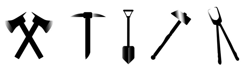 Tools, set of tools, tools for work, pickaxe, sledgehammer, axes, shovel, pliers, flat-nose pliers, gradient, Vector, isolated on transparent.