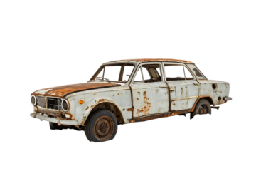  rusty abandoned car frame in a scrap yard isolated on white background PNG. GENERATIVE AI