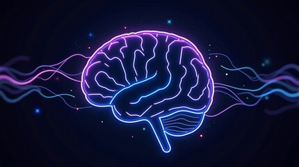 Neon brain with surreal glowing lines, abstract human head illustration