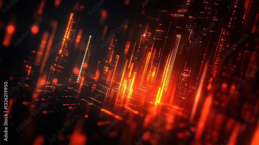 Poster abstract red and orange data stream visualization with geometric patterns, digital technology backgr
