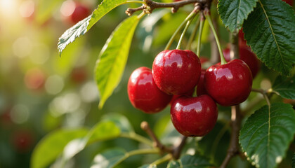 Obraz premium Fresh ripe cherries on branch with green leaves for natural food blogs and healthy lifestyle websites