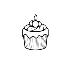 Monochrome Cupcake Illustration: Birthday Cake Design with Candle, Cream, and Cherry in minimalist black and white outline.