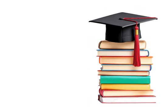 Graduation cap placed atop a stack of colorful books symbolizing academic achievement and the pursuit of knowledge in educational settings