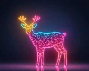 A deer made of glowing neon puzzle shapes