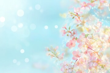 Fototapeta premium Dreamy Spring Soft Pink Cherry Blossom Branch with Bokeh Lights on a Light Blue Background.