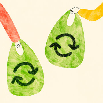 Two hands holding reusable grocery bags illustration highlighting zero waste lifestyle