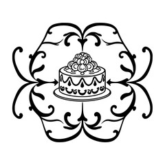 Elegant Black and White Vector Illustration: Detailed Birthday Cake Amidst Ornate, Flowing, Floral-Inspired Frame.