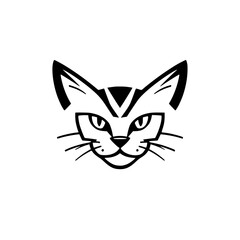 Vector illustration of a stylized cat face, showcasing bold black lines, geometric shapes, and a minimalist aesthetic on a white background.
