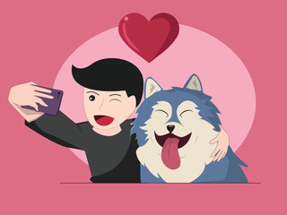 Adorable Cartoon Illustration of a Happy Boy Taking a Selfie with His Fluffy Dog