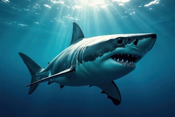 Massive great white shark swims powerfully through blue water, underwater, nature photography