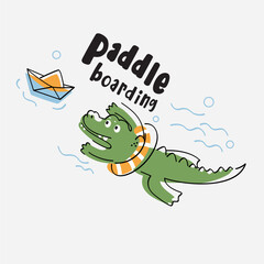 Paddle Boarding  crocodile hand drawn 