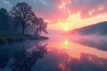 Obraz premium Misty dawn, gentle ripples disturb mirrored sky colors, outdoor, nature