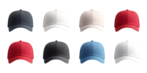Pack of Cap Set Against Transparent Background for Fashion Branding, Sports Merchandise, or Casual Wear Designs