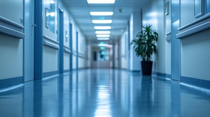 Obraz premium Sleek blue floors reflect soft lights in a calm corridor of a hospital reception clinic. Potted plants enhance the tranquil atmosphere, creating a welcoming space for patients and families