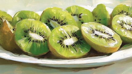 Sliced kiwi on a plate, vibrant colors, sunlight