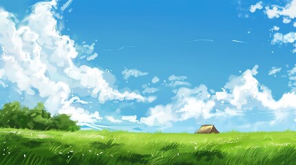 Fototapeta premium Nature's Retreat: Camping in a Meadow with Clear Sky & Clouds