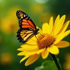 Monarch butterfly wings spread, nectaring on vibrant sunflower, macro, black