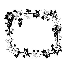 Elegant Black and White Grapevine Frame with Bunches, Leaves, and Floral Elements, Perfect for Decoration.