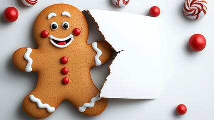 Obraz premium Gingerbread man figurine breaking through a white torn paper sheet with a playful and cheerful expression