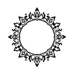 Intricate Black Floral Circular Frame on White Background, symmetrical design, decorative art, isolated graphic element.
