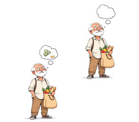 Vsai elderly man holding grocery bag and thinking about money
