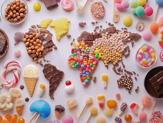 Colorful candies arranged in a world map design on a white background showcasing global confectionery with various sweets