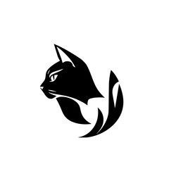 Black Cat Profile Logo: Simplistic monochrome vector illustration of a sleek feline head facing left with stylized curved elements.