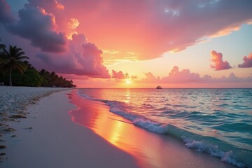 Pink and orange hues illuminate Cancun's beach at sunrise, tranquil waters, idyllic, pink, sea