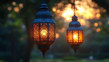 Intricately Designed Lanterns Glowing Against a Sunset Backdrop