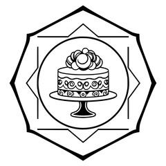 Elegant monochrome line art illustration: Decorative birthday cake on a cake stand enclosed within an ornate geometric design.