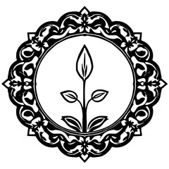 A black and white, ornate, symmetrical circular emblem with an inner circle framing a stylized plant with a single leaf.