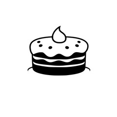 Minimalist Black and White Cake Icon: Layered Dessert with Cream Topping, Dots, and Simple Design on White Background.