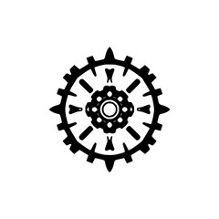 Intricate, symmetrical black gear-like design on white background, featuring multiple layers and radial symmetry, suggestive of mechanics or technology.