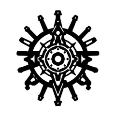 Obraz premium Intricate Black and White Circular Geometric Design Featuring Radial Symmetry and a Central Detailed Core Element on White Background.