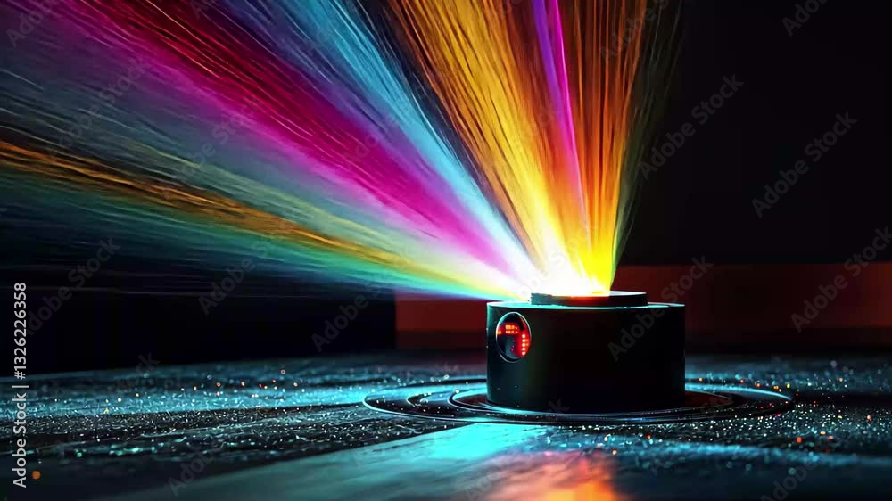 Poster Scanner captures colorful light beams radiating from a central point against a dark background, moving scanner over black background