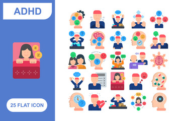 ADHD Flat Icon Set, Collection of 25 ADHD Flat Icon Set – 25 Mental Health, Focus, and Attention Icons