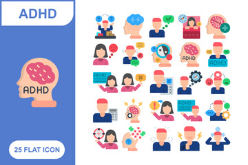 ADHD Flat Icon Set, Collection of 25 ADHD Flat Icon Set &ndash; 25 Mental Health, Focus, and Attention Icons