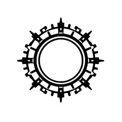 Black and white minimalist radial design, resembling a futuristic cityscape or sunburst with geometric shapes.