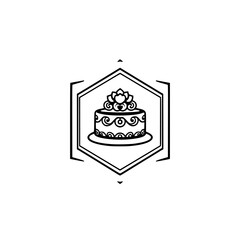 Elegant black and white logo featuring a beautifully decorated cake with floral topping, encased in a geometric hexagonal frame, showcasing intricate design.