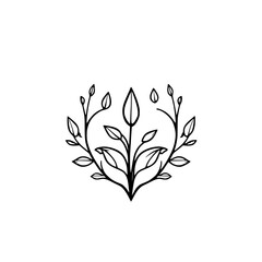 Elegant monochrome minimalist botanical illustration depicting a stylized plant with leaves and stems arranged symmetrically against a white backdrop.