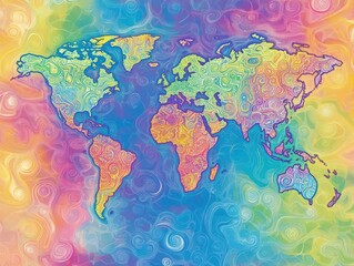 Naklejka premium Colorful world map with textured effect in vibrant hues of rainbow colors against a swirling background design