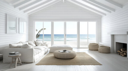 Fototapeta premium Coastal Living Room with Ocean View Background Copy Space