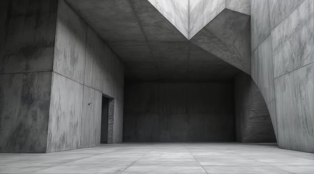 ndustrial minimalist concrete interior with sharp angular walls, fractured geometric patterns, rough raw texture, low ceiling, muted lighting, deep shadows, high contrast grayscale modern wide empty s