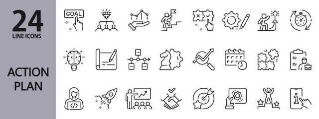 Action Plan line icons set with Strategy, Growth, Business, Goal, Meeting, Success, Teamwork, Management, Career, Planning and more. Editable Stroke