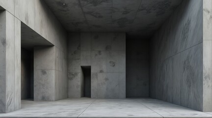 Sharp angular concrete walls with rough texture and polygon shapes, industrial minimalist interior, low geometric ceiling, deep shadows, muted light, modern grayscale high contrast wide architectural 
