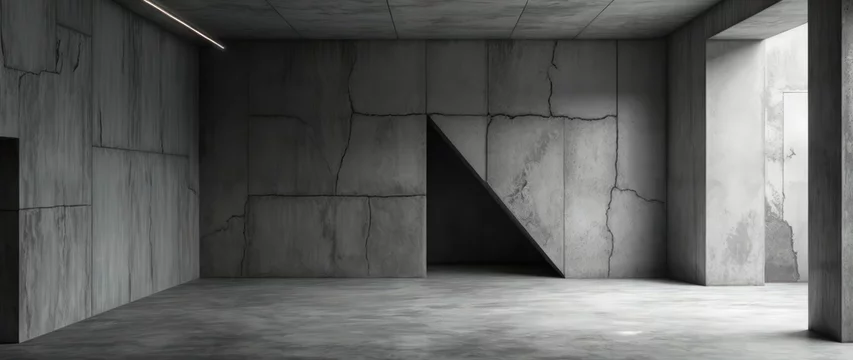 Massive industrial interior with raw textured angular concrete walls, sharp geometric shapes, minimalist contemporary style, deep shadows, muted light, grayscale high contrast, wide empty modern space