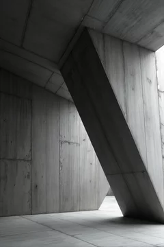 Massive concrete interior with polygon fractured angular walls, rough texture, low geometric ceiling, industrial minimalist style, deep shadows, muted lighting, modern contemporary grayscale space